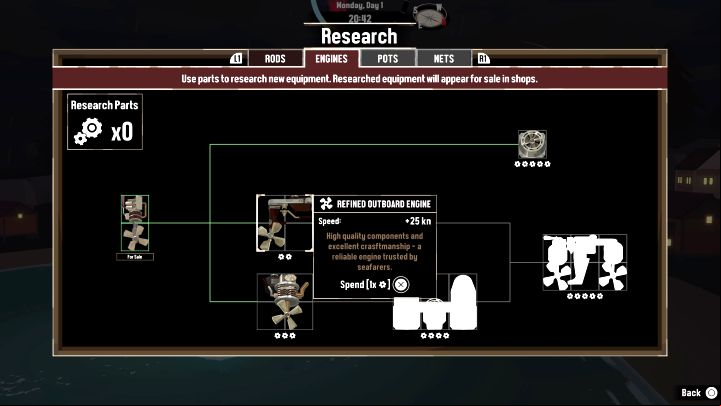 This engine performs worse than four Jet Drive Engines (one Refined Outboard Engine takes 4 slots), but only 2 Research Parts are required to develop it - Dredge: List of all Engines - Basics - Dredge Guide