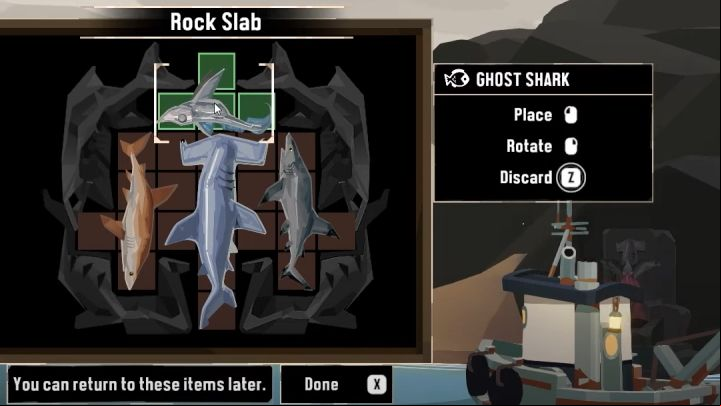 Arrange 4 sharks so that they cover all the slots - Dredge: All Rock Slabs - Secrets and Collectibles - Dredge Guide