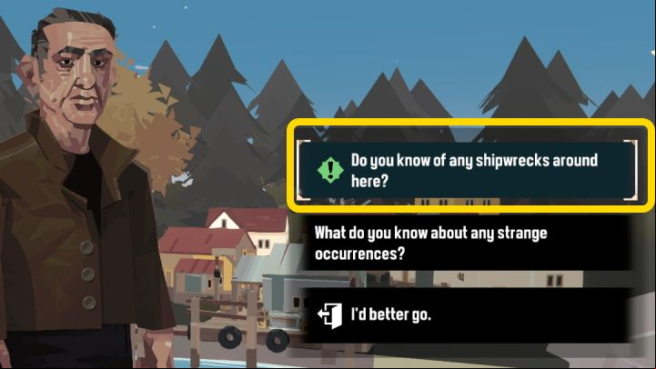 Talk to the man by clicking on the in the lower-left corner of the screen - Dredge: Lost at Sea - Pursuits - Dredge Guide