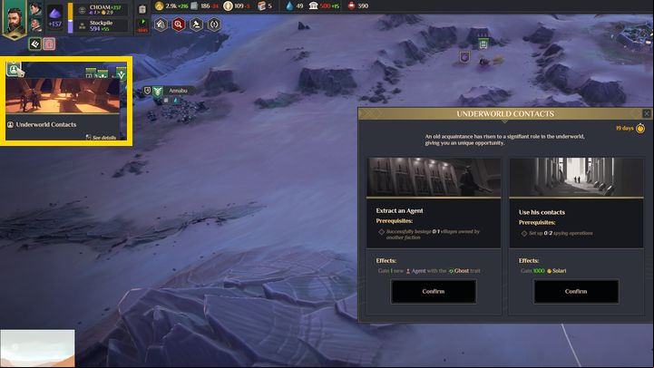 There are various special events in the game that appear on the left, below the faction leader icon - Dune Spice Wars: Beginners Guide - Basics - Dune Spice Wars Guide