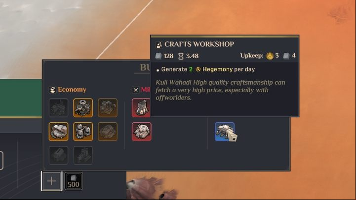 Another option to generate large amounts of Hegemony over time is to build Crafts Workshops in the villages, which generate 5 points every minute - Dune Spice Wars: Victory conditions - best ways to win - Basics - Dune Spice Wars Guide
