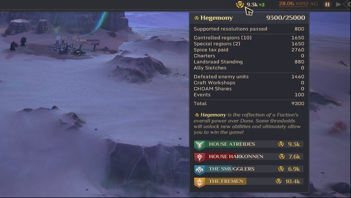 Hegemony - defines faction strength in form of points - Dune Spice Wars: Hegemony - Resources and raw materials - Dune Spice Wars Guide