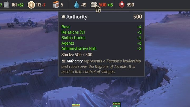 You can use Authority to expand your territory and stabilize the pace of the game - Dune Spice Wars: Authority - Resources and raw materials - Dune Spice Wars Guide