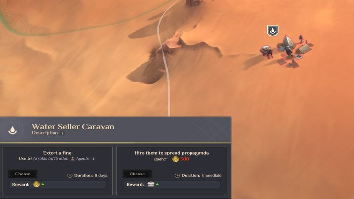One of the Points of Interest (PoI) - the Water Seller Caravan - can provide you with Authority in exchange for 500 Solari - Dune Spice Wars: Authority - Resources and raw materials - Dune Spice Wars Guide