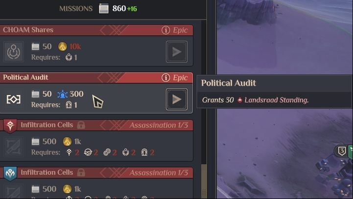 You can spend Influence on the Political Audit operation which increases your Standing by 30 - Dune Spice Wars: Landsraad Standing - Resources and raw materials - Dune Spice Wars Guide