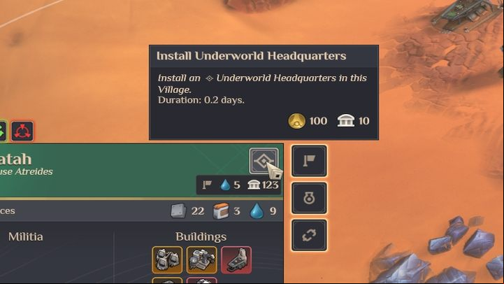 It allows you to erect buildings on three slots (200 Solari each) - Dune Spice Wars: Smugglers - faction features - Fractions - Dune Spice Wars Guide