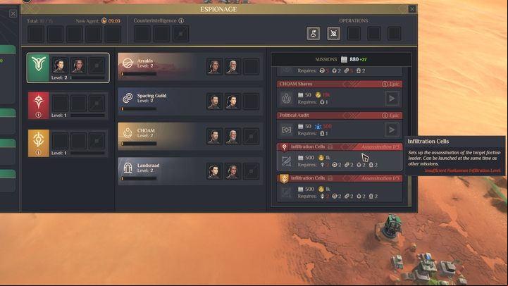 To prepare the Assassination, open the agents window and check the available missions at the bottom of the list - Dune Spice Wars: Assassination - how to prepare it? - FAQ - Dune Spice Wars Guide