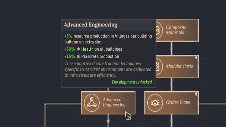 The Advanced Engineering research will allow you to increase the production of Plascrete in all Factories by 15% - Dune Spice Wars: Plascrete - Resources and raw materials - Dune Spice Wars Guide