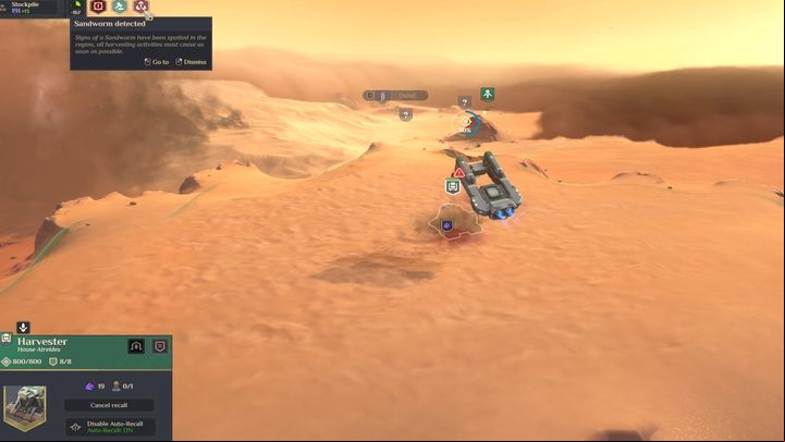 To protect yourself from the monster, you must move the army outside the threatened area, and recall Harvesters to the Refinery - click on the vehicle and select Recall - Dune Spice Wars: Sandworm - Basics - Dune Spice Wars Guide