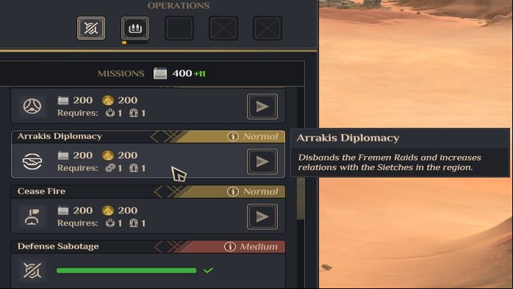 Use Arrakis Diplomacy agent mission to improve relations by 40 points with Sietch and remove the rebel troops present in the region immediately - Dune Spice Wars: Sietches - Basics - Dune Spice Wars Guide
