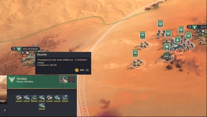 To use the Shuttle, highlight the units within the range of the Landing Site / Base and select the small icon from their - Dune Spice Wars: Airfield - How To Use? - FAQ - Dune Spice Wars Guide