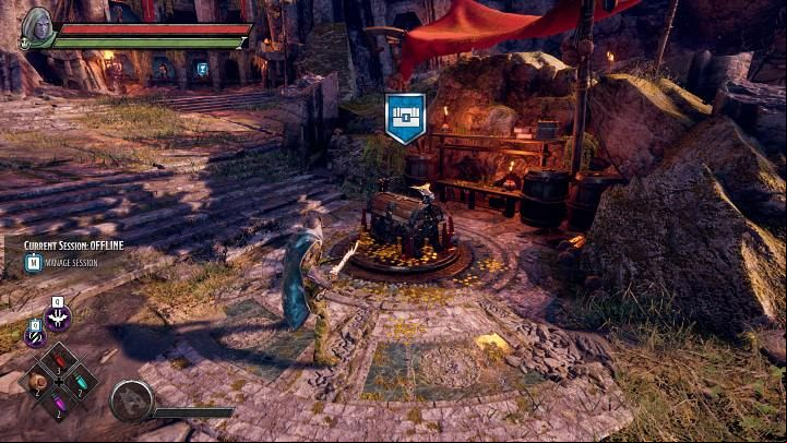 The wooden crate at Kelvin's Cairn Camp holds all the loot you've managed to get during your mission - Dark Alliance: Kelvins Cairn Camp - Basics - Dark Alliance Guide