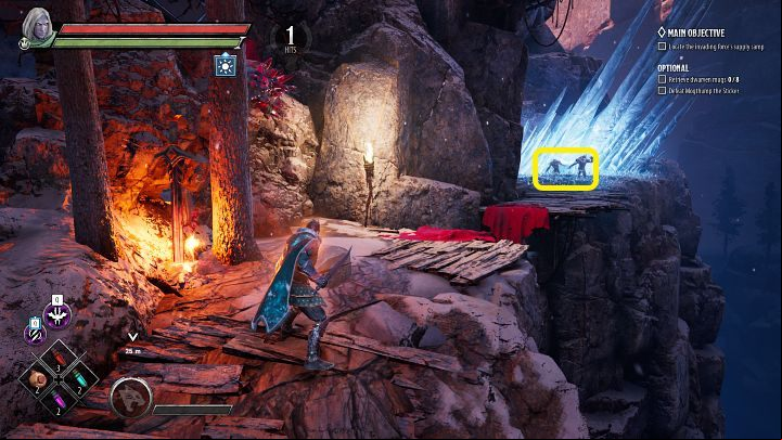 Smash the rubble of rocks on the left to reveal a fiery sword that will grant you the Warmth buff which will allow you to walk on frozen ground - Dark Alliance: Legendary items - how to farm? - FAQ - Dark Alliance Guide