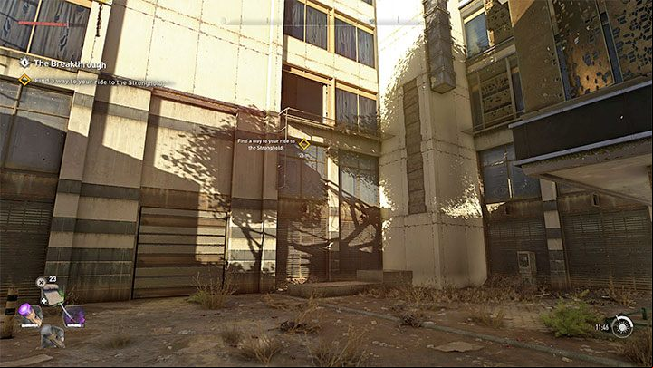 You have to reach the upper balcony of the building - you can climb the wall and grab the protruding metal elements - Dying Light 2: The Breakthrough - walkthrough - Story quest - Dying Light 2 Guide