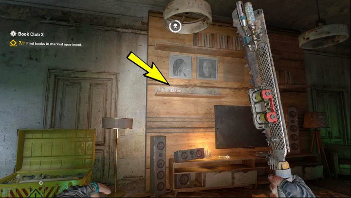 The fifth book is on the wall shelf above the TV - Dying Light 2: Book Club 10 - walkthrough - Book Club tasks - Dying Light 2 Guide