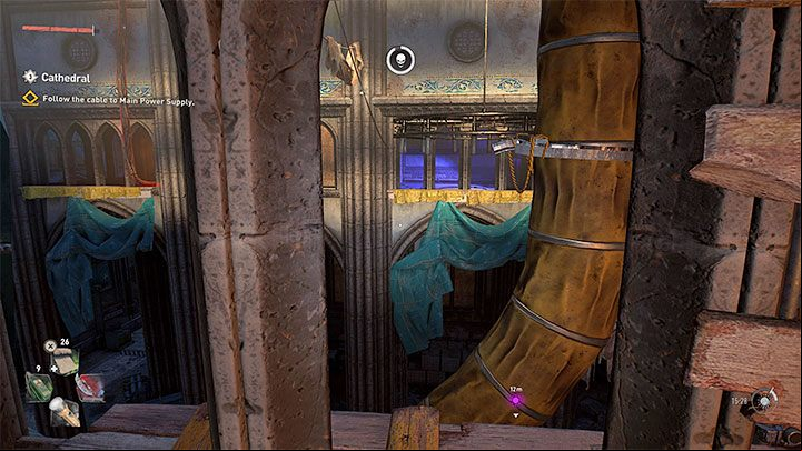 After you disable the second generator nearby you'll be able to climb a ladder back onto the upper balconies - Dying Light 2: Cathedral - walkthrough - Story quest - Dying Light 2 Guide
