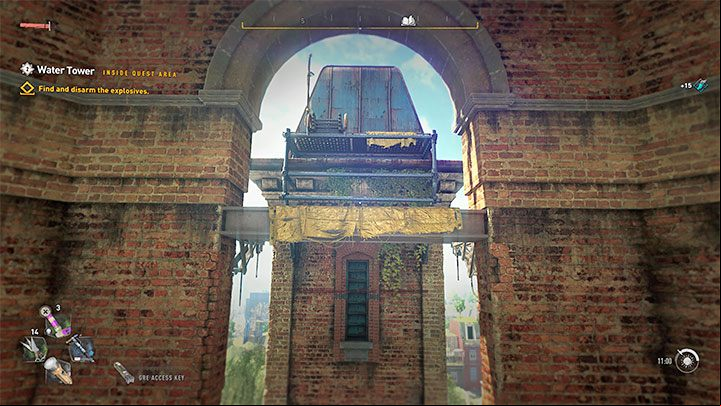 Reaching the next explosives requires climbing - look for yellow ledges and bars - Dying Light 2: Water Tower - walkthrough - Story quest - Dying Light 2 Guide