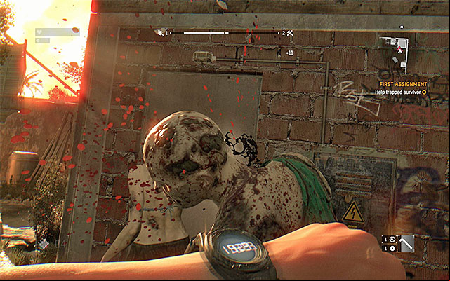 Kill the two zombies near the entrance to the building. - 2: First Assignment | Main quests - The Slums - Main quests - The Slums - Dying Light Game Guide