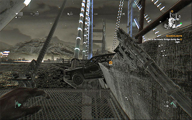 You can use the balconies on the side and stop every few steps or run across the whole bridge. - 10: Searchlights | Side quests - The Slums - Side quests - The Slums - Dying Light Game Guide