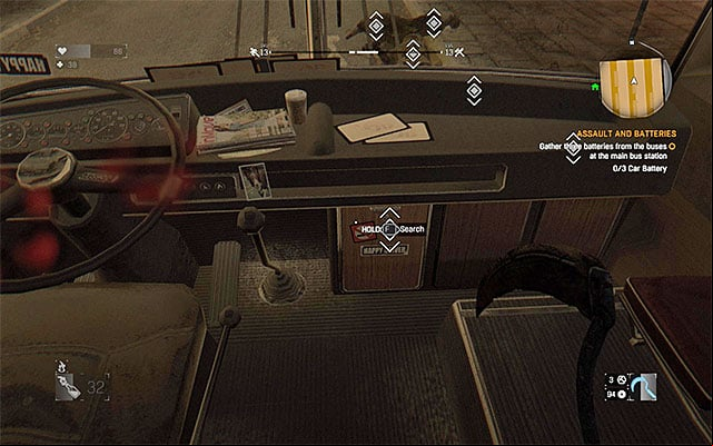 Your task is to steal three Car Batteries, so you have to search the buses - 31: Assault and Batteries | Side quests - The Slums - Side quests - The Slums - Dying Light Game Guide