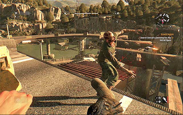 A kick is a good way for throwing a zombie off the roof. - The use of parkour and environment elements | Combat - Combat - Dying Light Game Guide