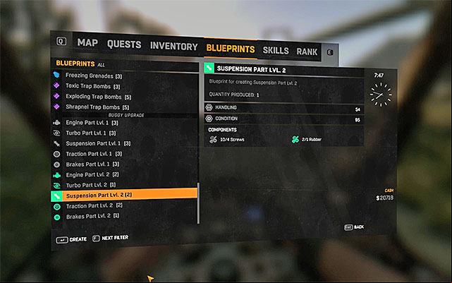 You can use acquired blueprints to craft better parts - Repairing and Upgrading Your Buggy | The Buggy - The Buggy - Dying Light: The Following Game Guide
