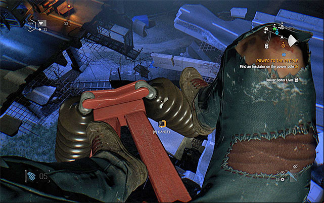 After you climb to the very top, walk over to one of the end-fragments of the and interact with the insulator - an example item of this type has been has been shown in the above screenshot - Power to the People | Side quests - The Gas Station - The Gas Station | Side Quests - Dying Light: The Following Game Guide