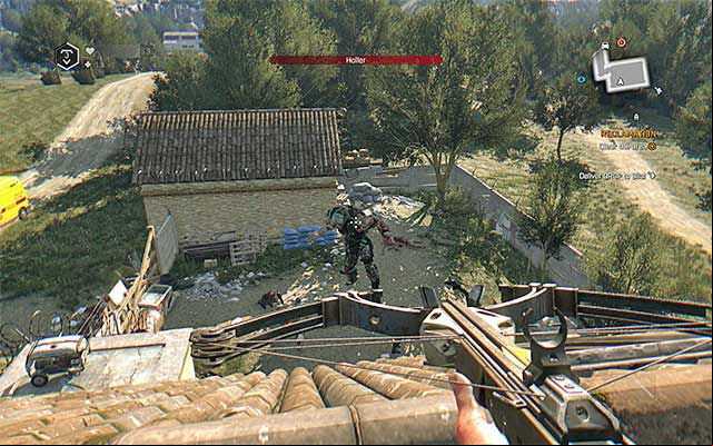 The boss can be attacked from a safe distance, from the roof of the main building of the household. - How to defeat Holler? | Side quests - Other locations - Other locations | Side Quests - Dying Light: The Following Game Guide
