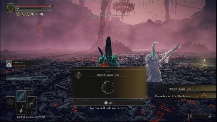 For defeating Rykard, Lord of Blasphemy, you will receive 130,000 Runes, the ance of the Blasphemous and Rykard's Great Rune - Elden Ring: How to beat Rykard, Lord of Blasphemy? - Volcano Manor - Elden Ring Guide