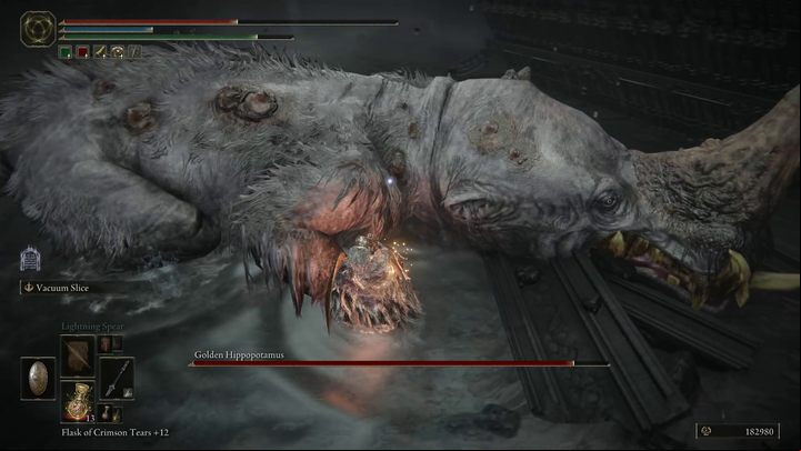 Considering the boss's poor maneuverability, we recommend that you avoid head attacks by moving to the side or even slightly towards the boss - Shadow of the Erdtree: How to beat Golden Hippopotamus? - Side bosses - Elden Ring Guide