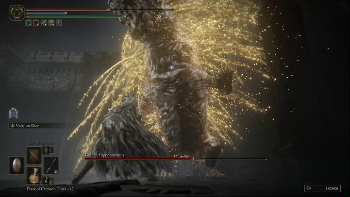 During the first ranged attack, the beast will spin around on the ground, sending a wave of needles around itself - Shadow of the Erdtree: How to beat Golden Hippopotamus? - Side bosses - Elden Ring Guide