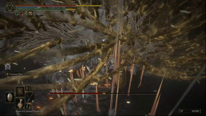 The second ranged attack is more direct and relies on sharp needles falling from the sky - Shadow of the Erdtree: How to beat Golden Hippopotamus? - Side bosses - Elden Ring Guide