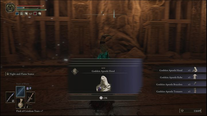 For defeating the Godskin Apostle in the Divine Tower of Caelid location, you will receive the Godskin Apostle's Set and 94,000 Runes - Elden Ring: How to beat Godskin Apostle? - Caelid - Elden Ring Guide