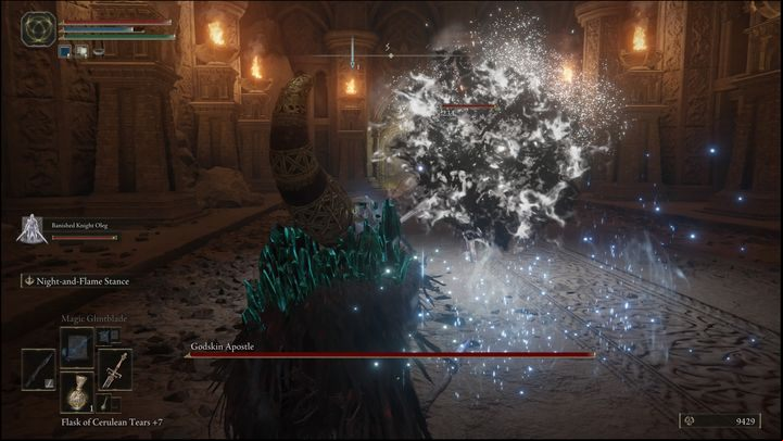 Under no circumstances should you try to replenish your health or mana when you are close to the boss - Elden Ring: How to beat Godskin Apostle? - Caelid - Elden Ring Guide