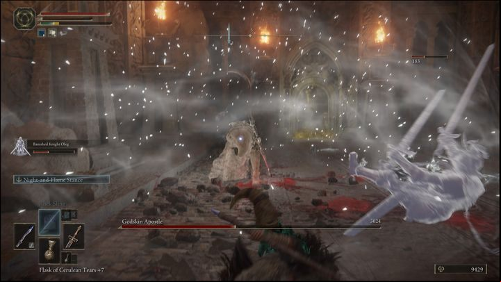 When his health drops below 60%, stay away, because then he will start to rise into the air, creating a powerful shockwave that will push you back and deal a lot of damage - Elden Ring: How to beat Godskin Apostle? - Caelid - Elden Ring Guide