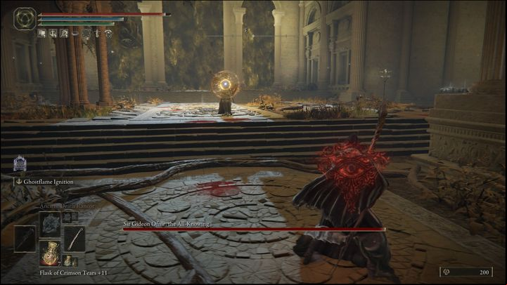 When a yellow mark on his body appears, watch out with attacking, as it means that after a few hits (usually five) of your own, the boss will explode with a yellow glow, dealing a lot of damage to you - Elden Ring: How to beat Sir Gideon Ofnir, the All-Knowing? - Leyndell, Ashen Capital - Elden Ring Guide