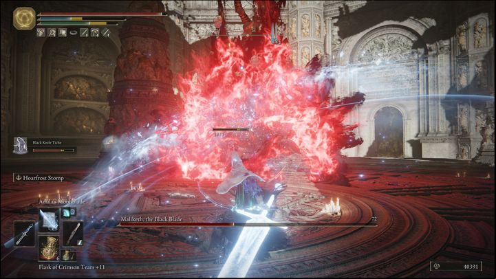 Very often, when Maliketh sticks his sword into the ground, he will create red and black flames - Elden Ring: How to beat Maliketh, the Black Blade? - Crumbling Farum Azula - Elden Ring Guide