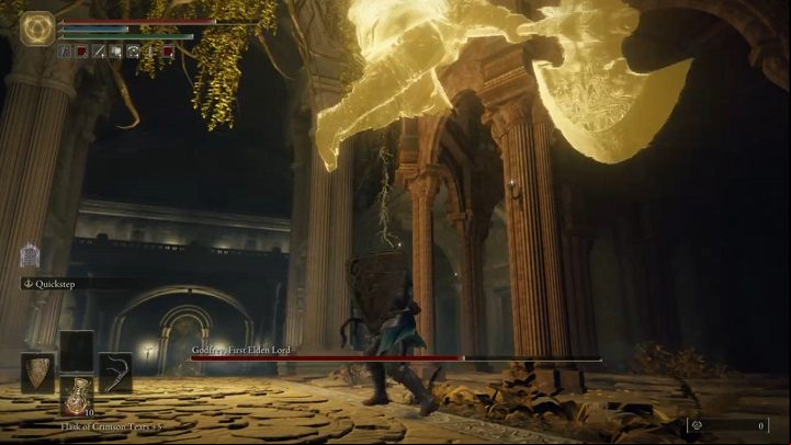 Godfrey also likes to jump even when you're close - Elden Ring: How to beat Godfrey, First Elden Lord? - Leyndell, the royal capital - Elden Ring Guide