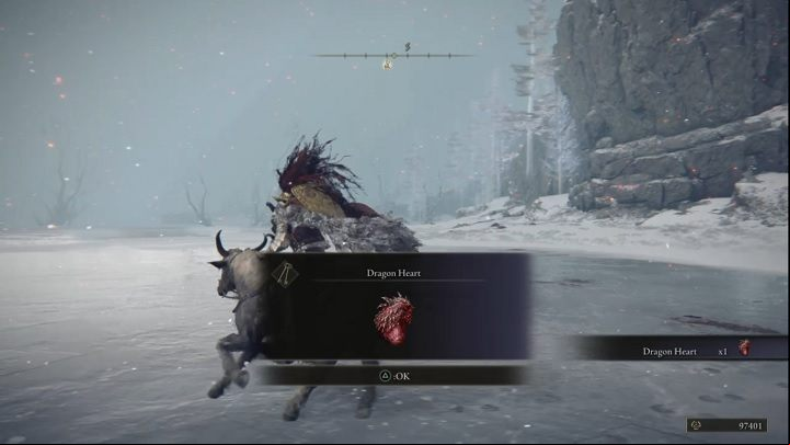 For defeating the boss named Borealis, the Frozen Fog you will receive Runes (100,000) and Dragon Heart - Elden Ring: How to beat Borealis, the Frozen Fog? - Mountaintops of the Giants - Elden Ring Guide
