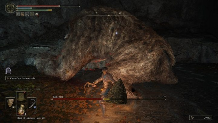 If you need to heal yourself, sprint as far away from your opponent as possible and be ready to dodge immediately - Elden Ring: How to beat Runebear? - Weeping Peninsula - Elden Ring Guide