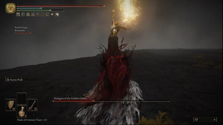 One of the boss's most dangerous attacks is the one where he raises his weapon high in one hand - Elden Ring: How to beat Radagon of the Golden Order, Elden Beast? - Leyndell, Ashen Capital - Elden Ring Guide