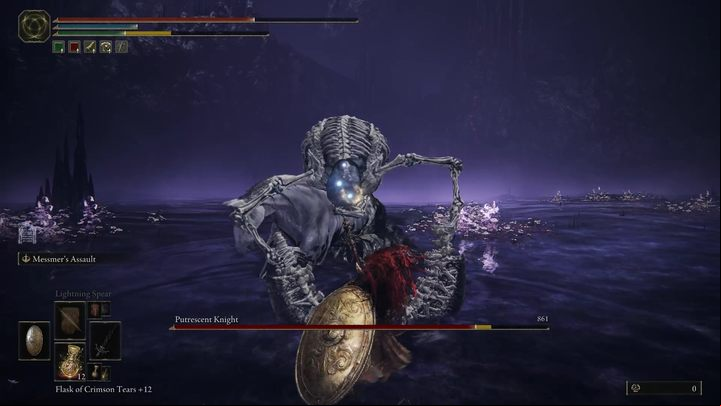 Slightly less often, the boss will grab the sickle in both hands and hit you with it from above - Shadow of the Erdtree: How to beat Putrescent Knight? - Main bosses - Elden Ring Guide