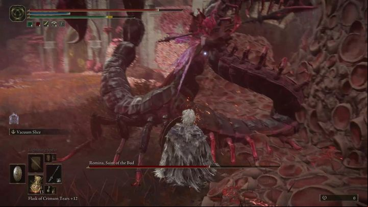 Romina wields three weapons at once - a glaive, a centipede extending from the front, and a scorpion stinger extending from the back - Shadow of the Erdtree: How to defeat Romina, Saint of the Bud? - Main bosses - Elden Ring Guide