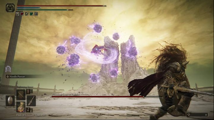 Radahn's last gravitational attack is a meteor shower - the boss electrifies his swords and holds them to the side, swings the swords and jumps into the air, and then throws several meteors at you - Shadow of the Erdtree: How to defeat the final boss Promised Consort Radahn? - Main bosses - Elden Ring Guide