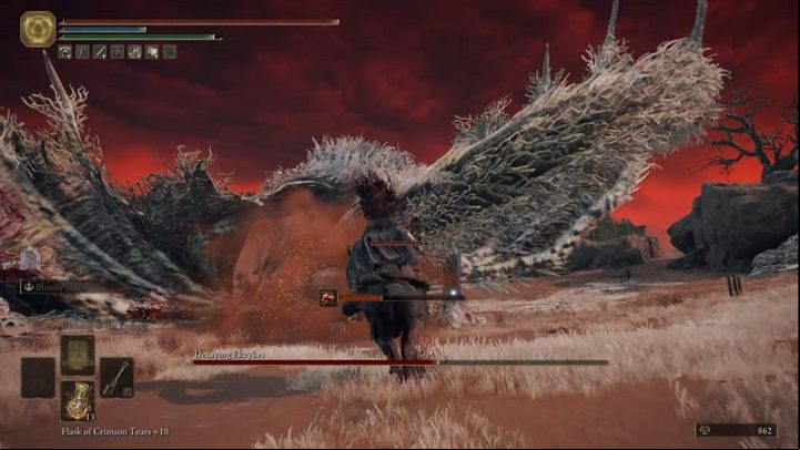Relatively often, the dragon will spray a cloud that quickly builds up a scarlet rot status - Elden Ring: How to beat Decaying Ekzykes? - Caelid - Elden Ring Guide