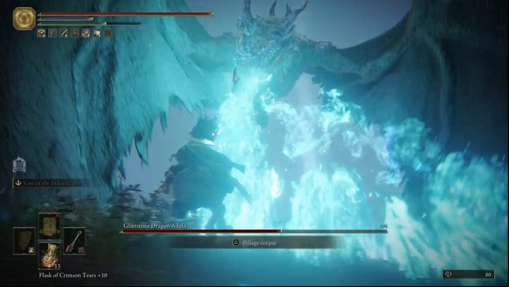 The dragon can also hover quite close to the ground for a while and then breathe magic fire - Elden Ring: How to beat Glintstone Dragon Adula? - Liurnia of the Lakes - Elden Ring Guide