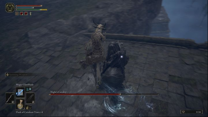 When the boss starts attacking by jumping towards you, dodge while on the mount to get behind his back - Elden Ring: How to beat Nights Cavalry? - Limgrave - Elden Ring Guide