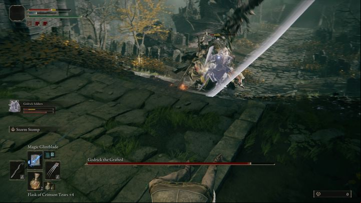 When the distance between you and Godrick is not too big, he will jump on you instead of creating gusts of wind and attack when he lands - Elden Ring: How to beat Godrick the Grafted? - Stormhill - Elden Ring Guide