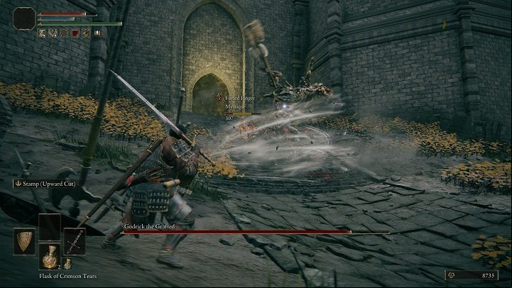 When the distance between you and Godrick is short, he will often surround himself with "tornadoes" - Elden Ring: How to beat Godrick the Grafted? - Stormhill - Elden Ring Guide
