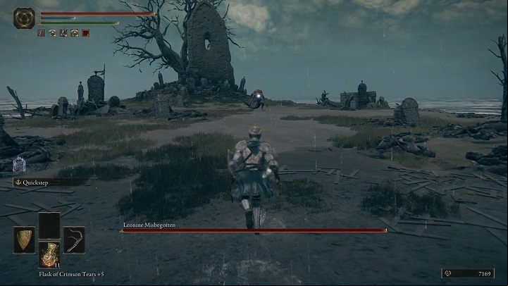When he holds the sword in one hand, most of his attacks will be horizontal - Elden Ring: How to beat Leonine Misbegotten? - Weeping Peninsula - Elden Ring Guide
